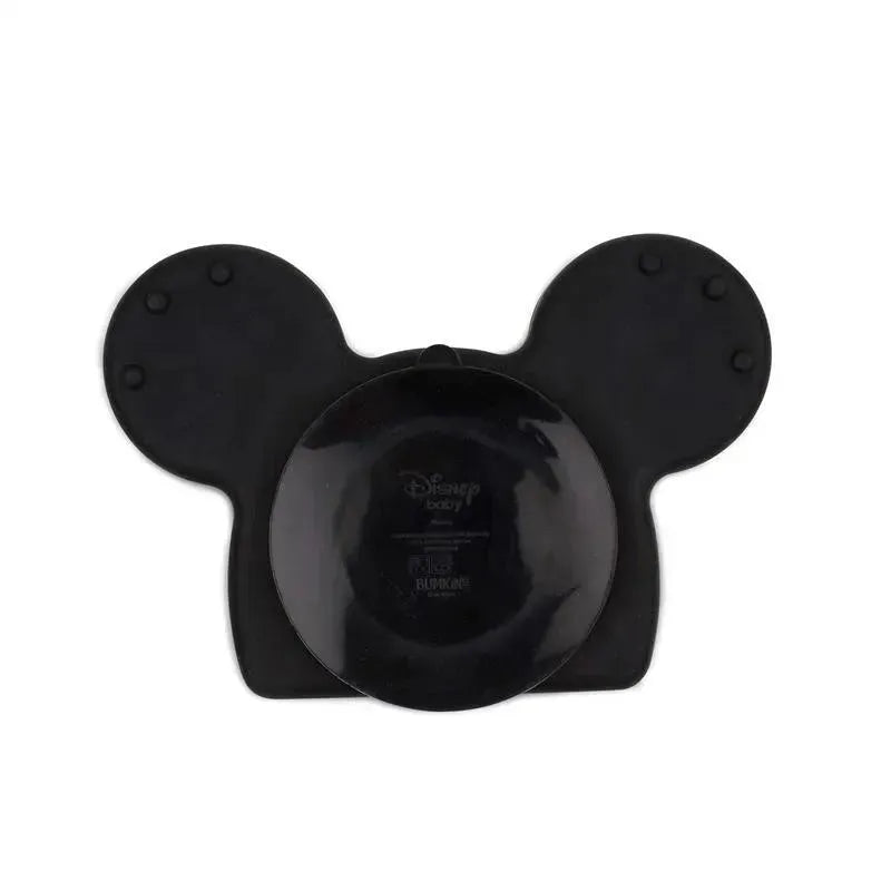 Mickey Mouse-shaped silicone grip dish in black, featuring suction cups for stable feeding.