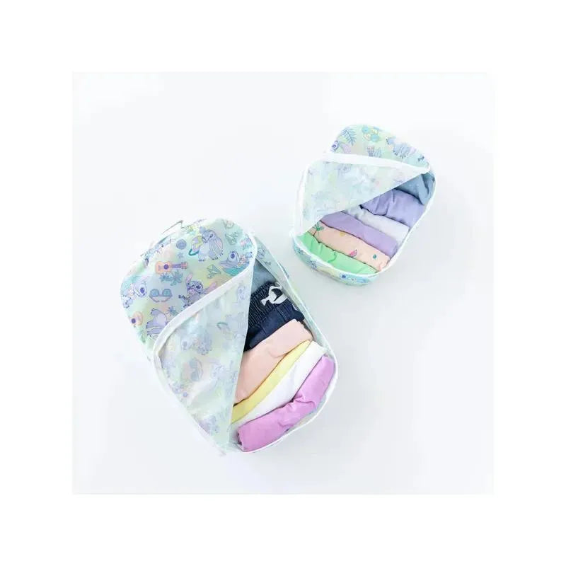 Packing cubes in Aloha design, showcasing colorful folded clothing inside. Two cubes displayed, each with a patterned exterior.