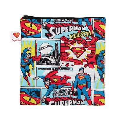 Reusable sandwich and snack bag featuring colorful DC Comics Superman graphic design with comics-style illustrations and text.