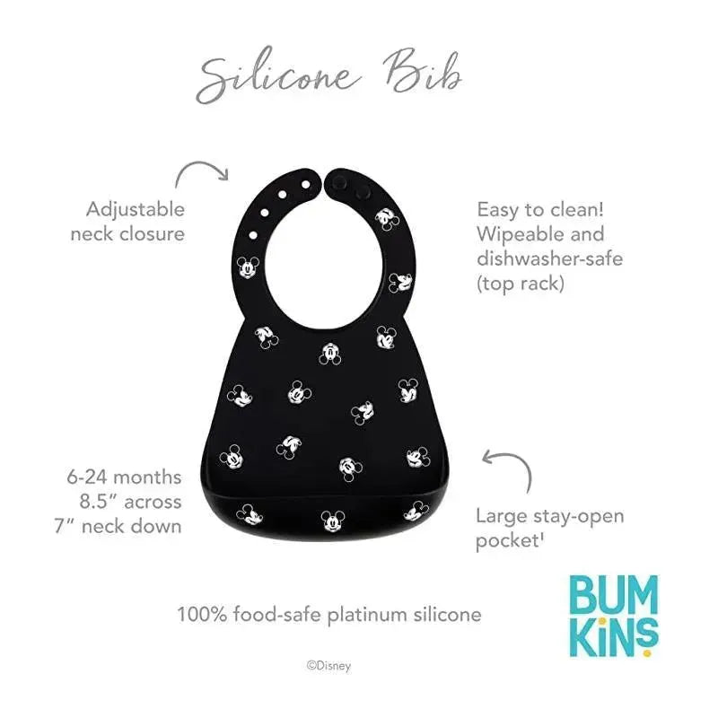 Black silicone bib featuring Mickey Mouse designs, adjustable neck closure, large pocket, and marked as dishwasher-safe.