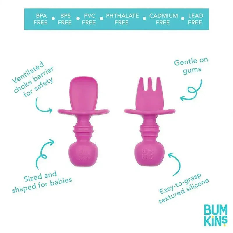 Silicone Chewtensils by Bumkins in blue, designed for babies, featuring a fork and spoon with textured grips for safety.