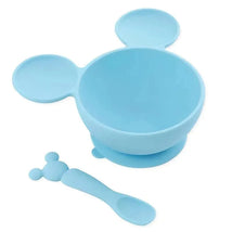 Light blue silicone feeding set featuring a bowl with Mickey Mouse ears and a matching spoon, designed for babies and toddlers.