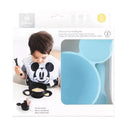 Silicone feeding set with suction base featuring Mickey Mouse, designed for babies and toddlers, shown with a child using it.