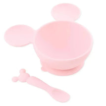 Light pink silicone feeding set with suction, featuring a Minnie Mouse design bowl and a matching spoon.