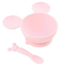 Light pink silicone feeding set with suction, featuring a Minnie Mouse design bowl and a matching spoon.