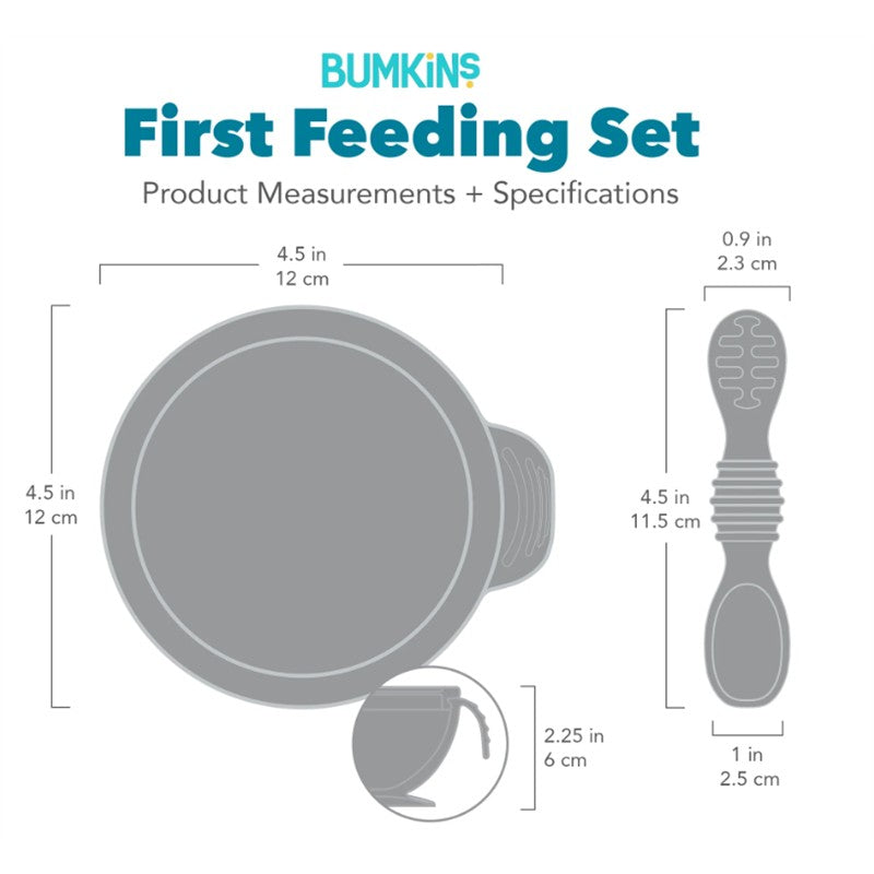 Bumkins Silicone First Feeding Set in sand color, featuring a bowl with lid and a spoon, includes product measurements.