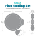 Bumkins Silicone First Feeding Set in sand color, featuring a bowl with lid and a spoon, includes product measurements.