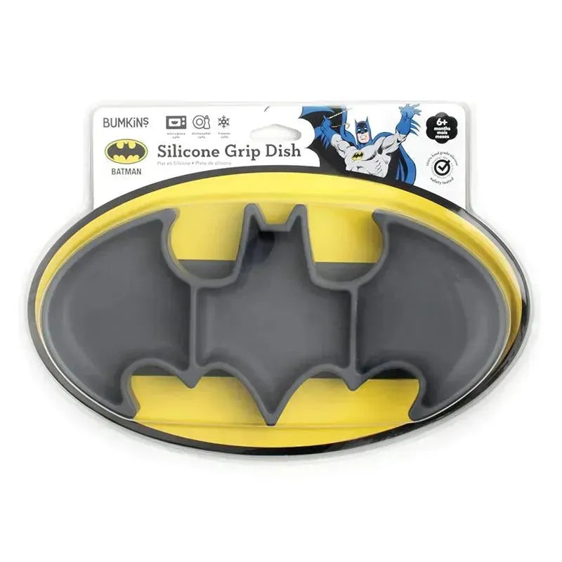 Silicone grip dish shaped like the Batman logo, featuring gray and yellow colors, designed for children.