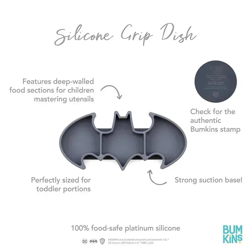 Silicone Grip Dish shaped like Batman, featuring deep-walled sections for toddler portions and a strong suction base.