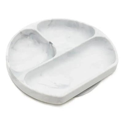 Silicone grip dish with marble design, featuring three sections for food, ideal for children.