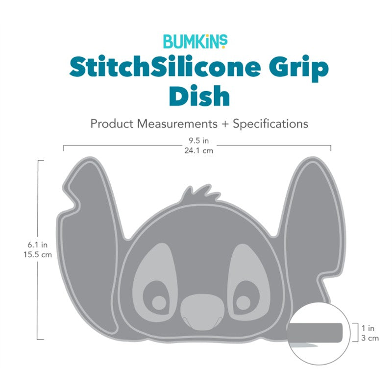 Bumkins Stitch Silicone Grip Dish features a gray dish shaped like the character Stitch, measuring 9.5 x 6.1 inches.