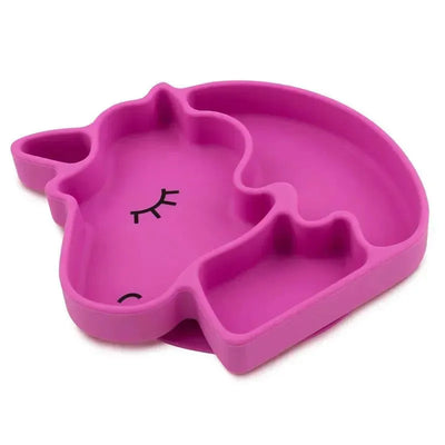 Pink silicone grip dish shaped like a unicorn, featuring divided sections and a cute facial design.