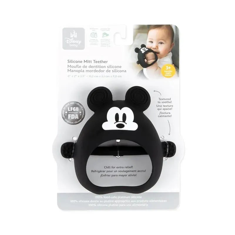 Silicone mitt teether featuring a Mickey Mouse design, with textured surfaces for soothing, suitable for babies 3 months and up.