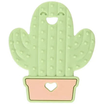 Bumkins Silicone Teether in the shape of a smiling cactus, mint green with a pink pot featuring a heart cutout.