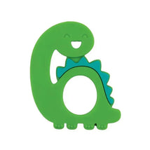 Bumkins Silicone Teether shaped like a green dinosaur with a smiling face and blue spines, designed for infants.