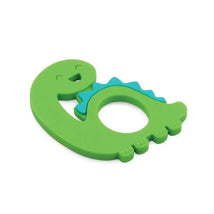 Green silicone teether shaped like a dinosaur, featuring a smiling face and spiky back, designed for infants.