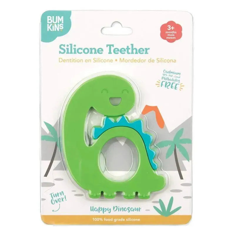 Bumkins Silicone Teether in the shape of a smiling dinosaur, made from 100% food-grade silicone, suitable for ages 3 months and up.