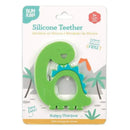 Bumkins Silicone Teether in the shape of a smiling dinosaur, made from 100% food-grade silicone, suitable for ages 3 months and up.