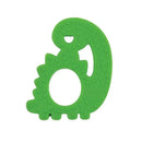 Green silicone dinosaur teether with a textured surface, designed for infants to soothe gum discomfort.