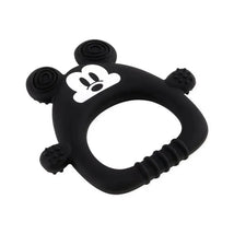 Silicone teether shaped like Mickey Mouse, featuring a black design with a white face, tactile surfaces for infants.