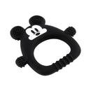 Silicone teether shaped like Mickey Mouse, featuring a black design with a white face, tactile surfaces for infants.