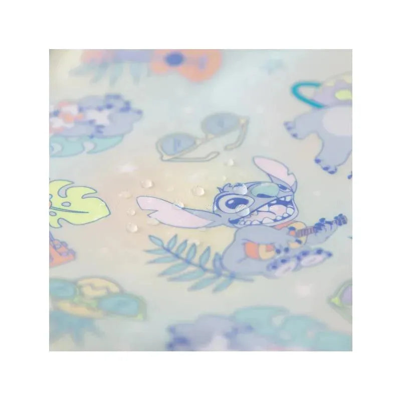 Sleeved bib featuring a colorful Aloha print with Stitch character illustrations and tropical motifs.