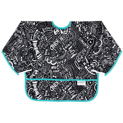 Bumkins sleeved bib featuring a black background with white and teal doodle designs promoting kindness.