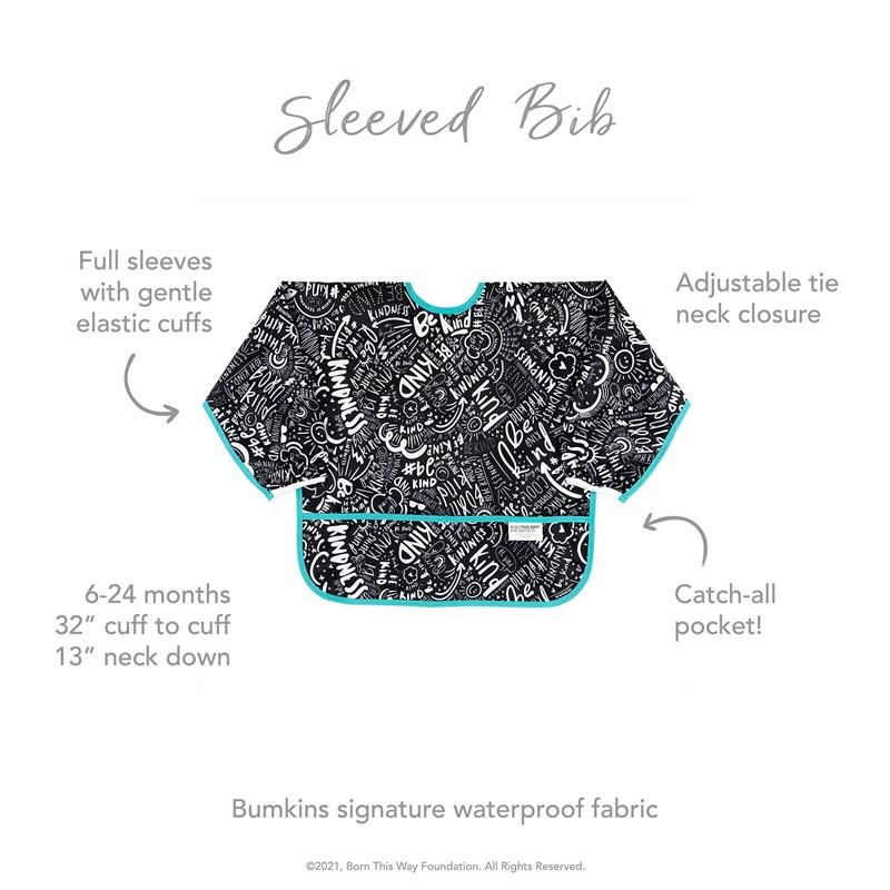 Sleeved bib with black and white inspirational text design, adjustable neck tie, elastic cuffs, and a catch-all pocket. Suitable for 6-24 months.
