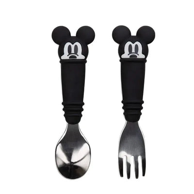 Spoon and fork set featuring Disney Mickey Mouse design with black handles and stainless steel utensils.