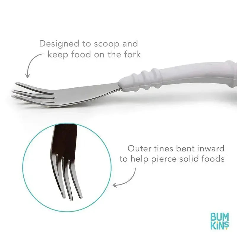 Fork from Bumkins’ Disney Mickey Spoon and Fork Set, designed to scoop food, featuring inward-bent outer tines for easier piercing.