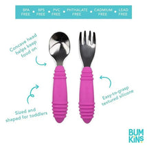 Bumkins dark blue toddler spoon and fork set with easy-to-grasp textured silicone handles and stainless steel heads.