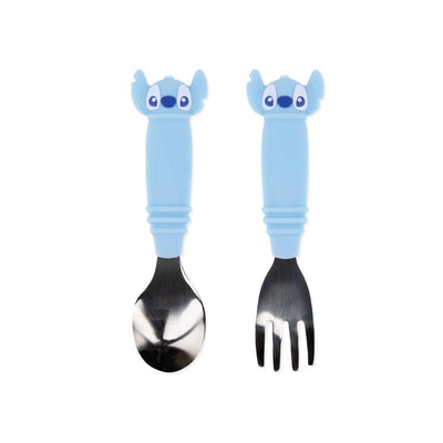 Bumkins Spoon and Fork set in blue, featuring Stitch character handles, designed for toddlers.