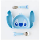 Bumkins Stitch-themed silicone plate with fork and spoon, featuring a blue design with cartoon character face.