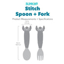 Bumkins Stitch Spoon and Fork set, featuring child-friendly designs with Stitch character details and measurements displayed.