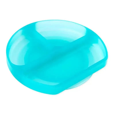 Bumkins Silicone Grip Dish in blue jelly color, features three compartments and a suction base for stability.
