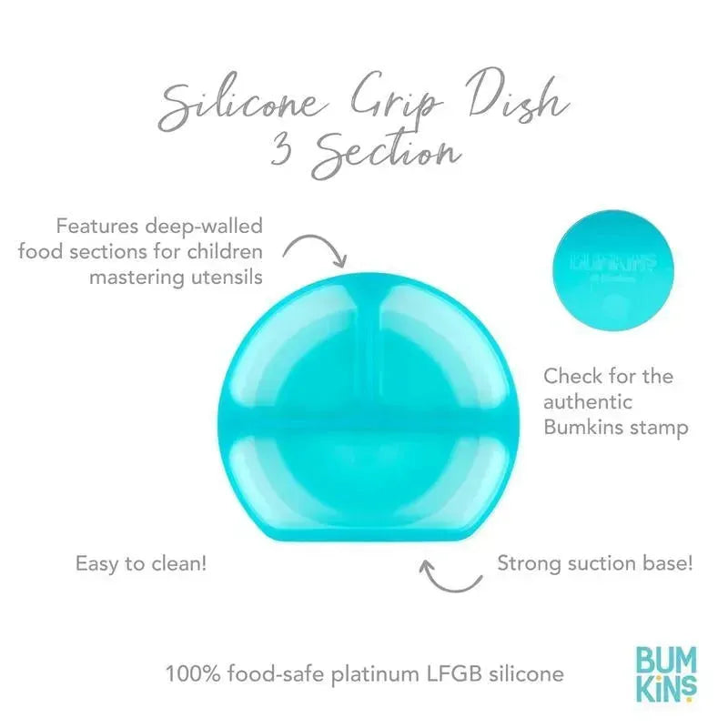 Bumkins Silicone Grip Dish in blue jelly featuring three deep-walled sections, a strong suction base, and easy-clean design.