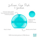 Bumkins Silicone Grip Dish in blue jelly featuring three deep-walled sections, a strong suction base, and easy-clean design.