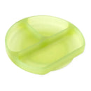 Silicone divided suction plate for toddlers in green jelly color with three compartments for food.