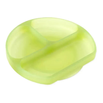 Silicone divided suction plate for toddlers in green jelly color with three compartments for food.