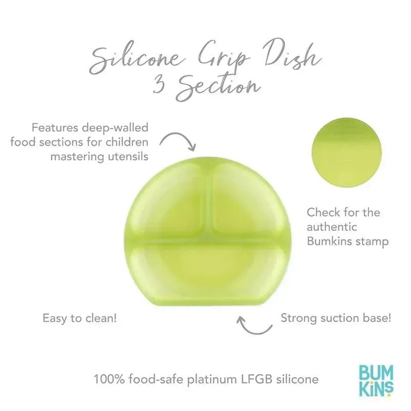 Silicone divided grip dish by Bumkins in green jelly, featuring three sections, a strong suction base, and easy cleaning.