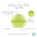 Silicone divided grip dish by Bumkins in green jelly, featuring three sections, a strong suction base, and easy cleaning.