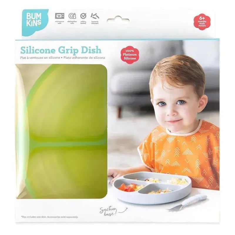 Silicone divided grip dish in green jelly, designed for toddlers, featuring a suction base and a child with a plate of food.