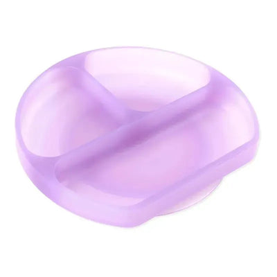 Silicone grip dish in purple jelly color, featuring three divided sections for easy meal serving.