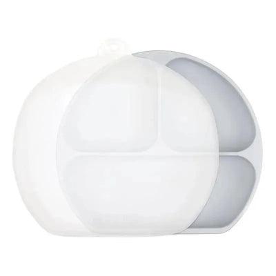 Gray suction plates for toddlers and babies with multiple compartments, designed to prevent spills during mealtime.