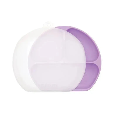 Toddler and baby suction plate by Bumkins in lavender, featuring a divided design with two sections and one larger area.