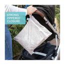 Bumkins Waterproof Wet Dry Bag for Baby in a neutral patterned design, featuring a strong zippered closure, hanging from a stroller.