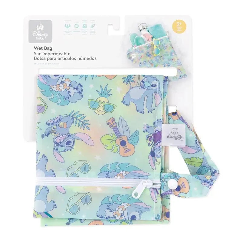 Bumkins Aloha Wet Bag featuring colorful Disney characters, including Stitch and tropical motifs, with a zip closure and handle.