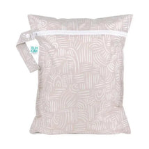 Bumkins Wet Bag in Wander design with a white zip closure, featuring a textured beige pattern and a convenient carry handle.