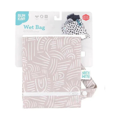 Bumkins Wet Bag in a soft beige design with abstract white patterns, featuring a zip closure and carry loop.
