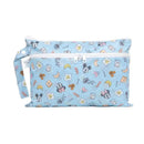 Blue wet/dry clutch featuring Mickey and Minnie Mouse among colorful food and dessert illustrations.